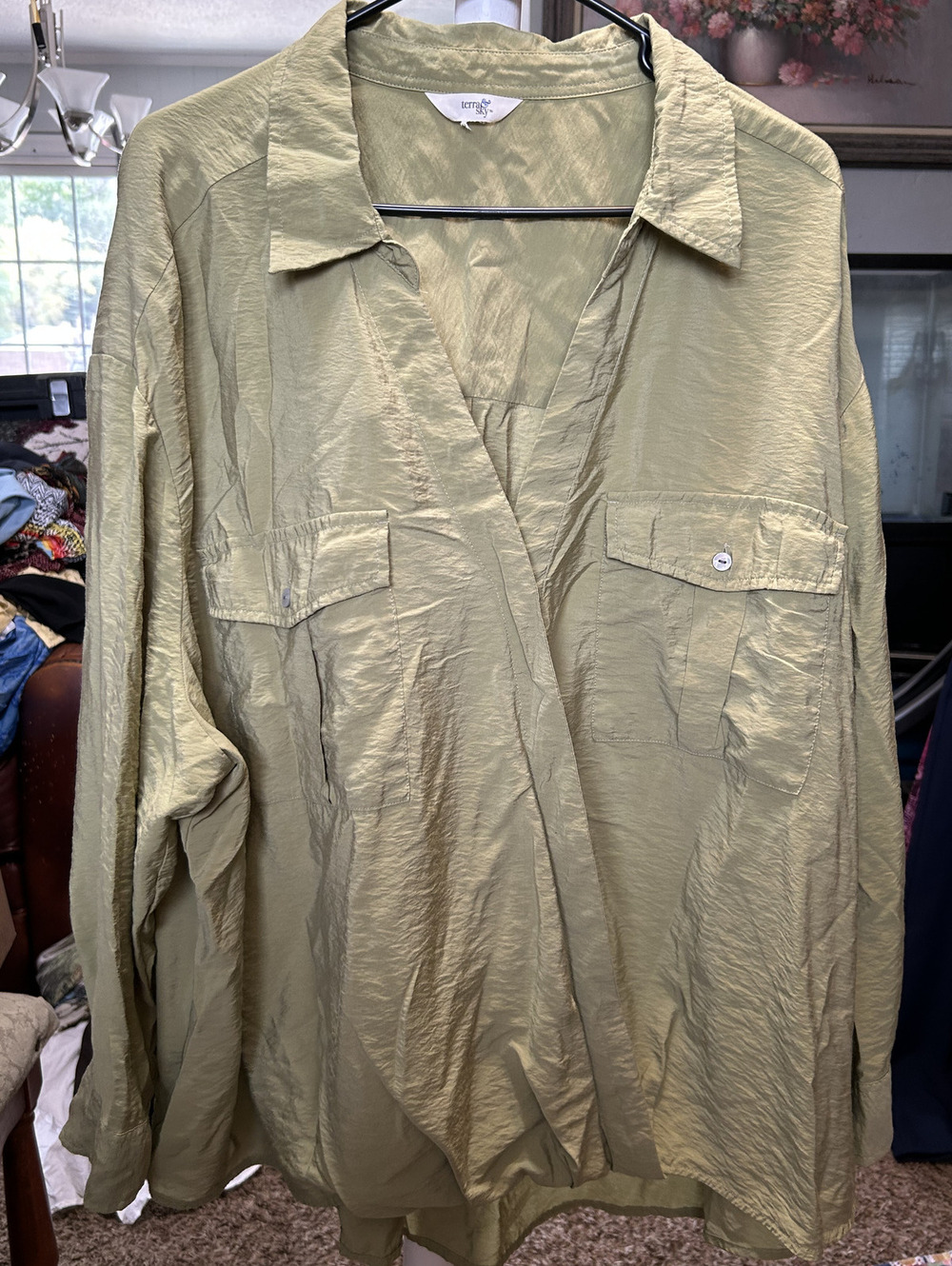Terra & Sky Women's Plus Size 4X Olive Green Viscose Nylon Blouse